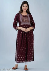 Rayon three-quarter sleeve printed Naira cut kurti, vibrant Indian fashion wear