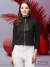 Black leather solid-pattern jacket by Sahana Style, long sleeves, size M (bust 30in, length 28in), made in India