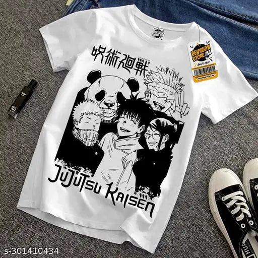 White polyester unisex Jujutsu Kaisen round neck half sleeve tee, high-quality print, comfortable fit