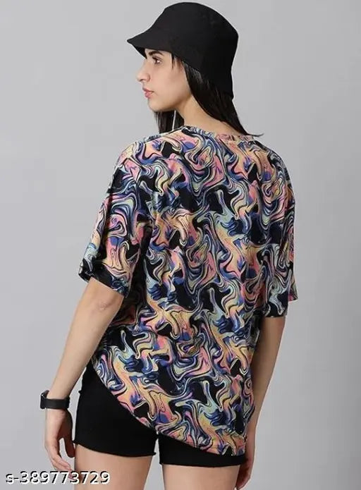 Multicolor viscose rayon women's printed round neck t-shirt, vibrant design by Khazana Creation