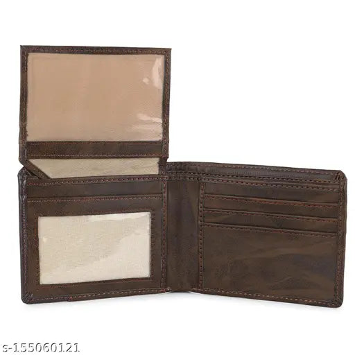 Brown artificial leather bi-fold wallet, premium quality craftsmanship, 2 compartments, free size (10cm x 5cm), aged character