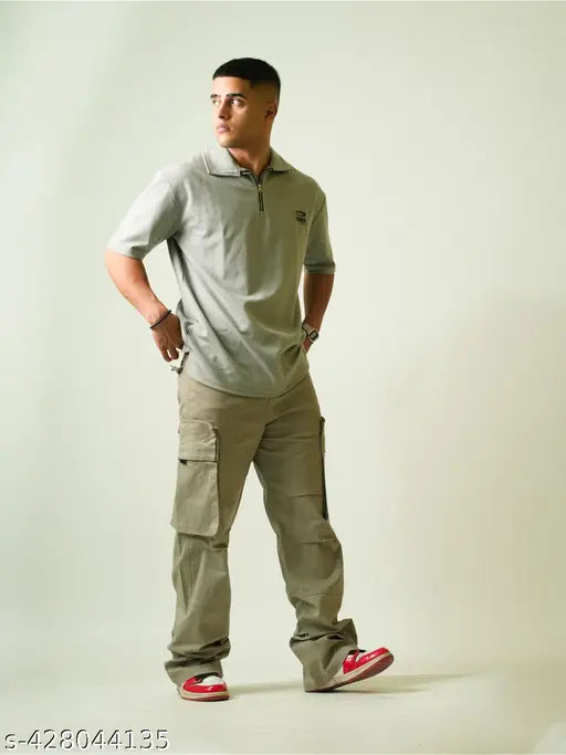 Grey cotton print drop shoulder polo t-shirt for men, half sleeve, zippered collar, oversized fit - India