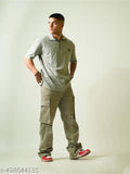 Grey cotton print drop shoulder polo t-shirt for men, half sleeve, zippered collar, oversized fit - India