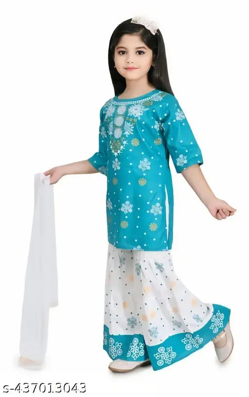 Printed rayon Sharara and Kurta set for girls, featuring A-line top with three-quarter sleeves. Comfortable and soft material. Sizes: 5-6 years (21in/25in), 6-7 years (22in/26in), 7-8 years (23in/27in), 8-9 years (24in/28in). Made in India