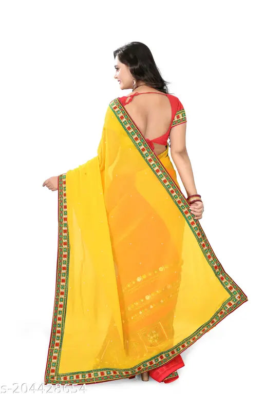 Yellow and pink Georgette embroidered saree with separate blouse, latest designer work on display