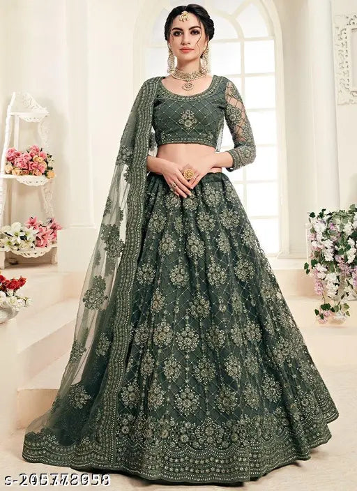 Embroidered net lehenga choli & dupatta for Indian wedding wear, featuring intricate embellishments on semi-stitched set (Lehenga 44m, Dupatta 2.2m)