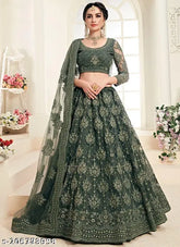 Embroidered net lehenga choli & dupatta for Indian wedding wear, featuring intricate embellishments on semi-stitched set (Lehenga 44m, Dupatta 2.2m)