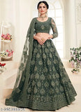 Embroidered net lehenga choli & dupatta for Indian wedding wear, featuring intricate embellishments on semi-stitched set (Lehenga 44m, Dupatta 2.2m)