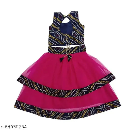 Elegant satin-bandhani print lehenga choli set for kids, featuring net dupatta with satin lace. Perfect for special occasions and festive seasons. Size 1-2 years, 21 in waist, 20 in length. Made in India