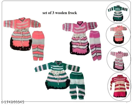 Wool winter frock set for baby girls (0-1yrs), printed net pattern on long sleeves, handcrafted Indian design