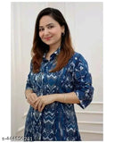 Rayon printed coord kurta pant set with three-quarter sleeves and palazzo bottoms, available in sizes S-XXXXL