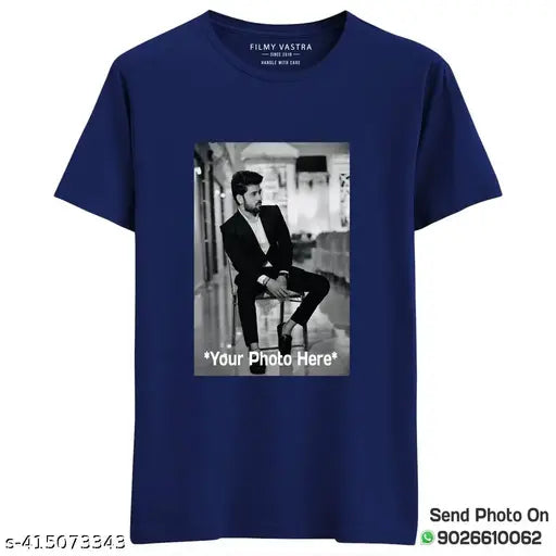 Navy blue personalized photo printed men's round neck half sleeve t-shirt, polyester fabric, customizable with your own image, available in sizes S, L, XL (origin: India)