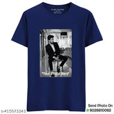 Navy blue personalized photo printed round neck t-shirt for men, short sleeves, polyester fabric