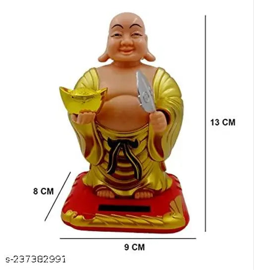 Gold-plated polyresin Solar Laughing Buddha decor showpiece, 13cm tall with moving head and fan, for health, wealth, prosperity