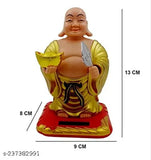 Gold-plated polyresin Solar Laughing Buddha decor showpiece, 13cm tall with moving head and fan, for health, wealth, prosperity