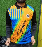 Orange and blue Lycra long-sleeved sports t-shirt with printed net pattern. Fits M (38in chest, 27in length), L (40in chest, 28in length), XL (42in chest, 29in length), XXL (44in chest, 30in length). Made in India