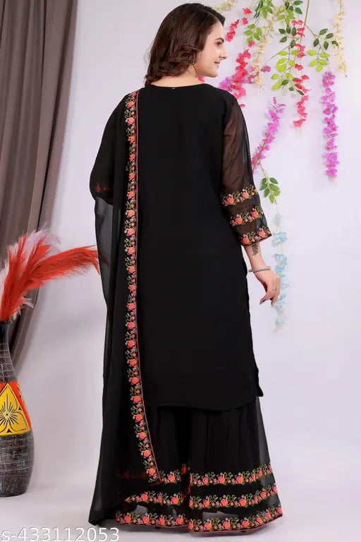 Black Georgette Embroidered & Zari Work Kurta Set with Dupatta and Pant, Solid pattern, long sleeves, knee-length. Indian handcrafted clothing for women