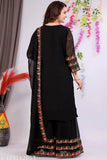 Black Georgette Embroidered & Zari Work Kurta Set with Dupatta and Pant, Solid pattern, long sleeves, knee-length. Indian handcrafted clothing for women