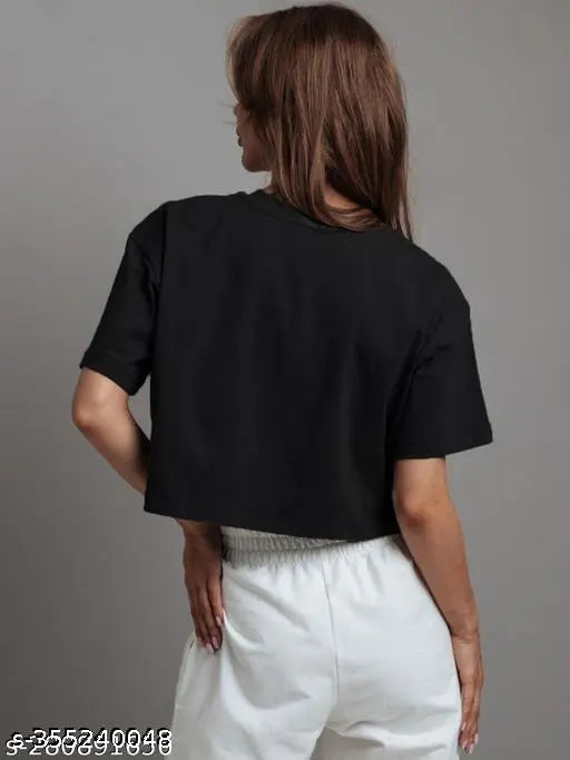 Black cotton-blend side dori top for women, solid print with short sleeves. Perfect for daily wear and summer style