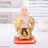 Red gold solar-powered Laughing Buddha with waving fan, promoting health, wealth, and prosperity (10cm)