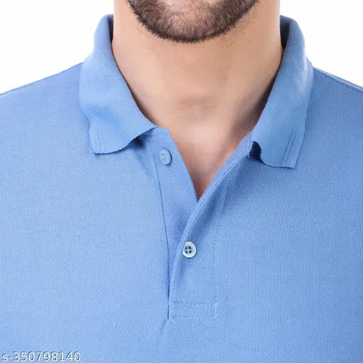 Light blue cotton blend solid collared t-shirt for men, short sleeves, Made in India