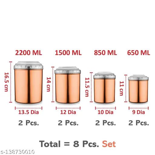 Copper-colored stainless steel canister set with white lids, 8-piece freezer-safe set for long-lasting storage and stackability