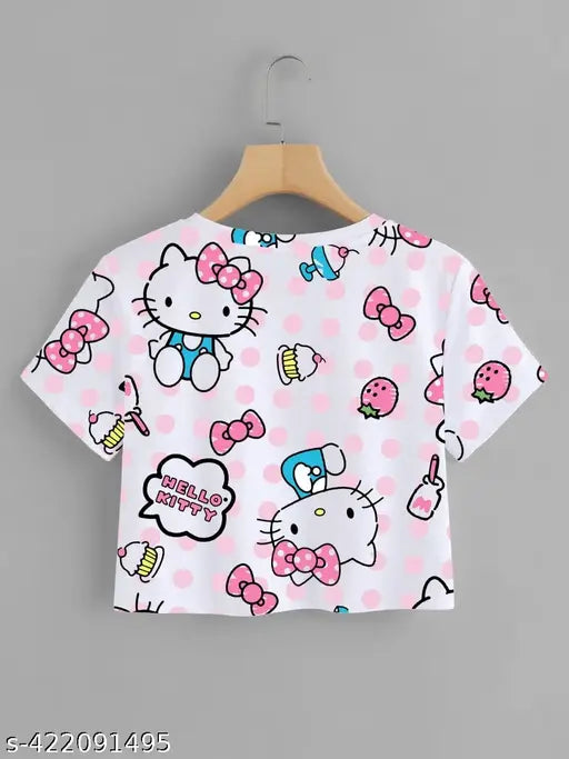 Printed Lycra women's crop top T-shirts, Kitty design, contemporary edge for fashion forward looks