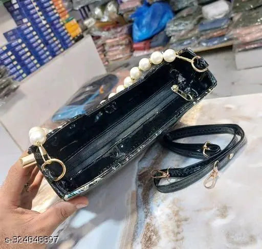 Marble design pearl handle PU bag, printed net pattern, free-size handheld and sling bag from India