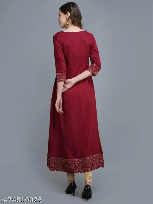 Rayon anarkali long kurta, printed, three-quarter sleeves for women's festive/party wear, India origin