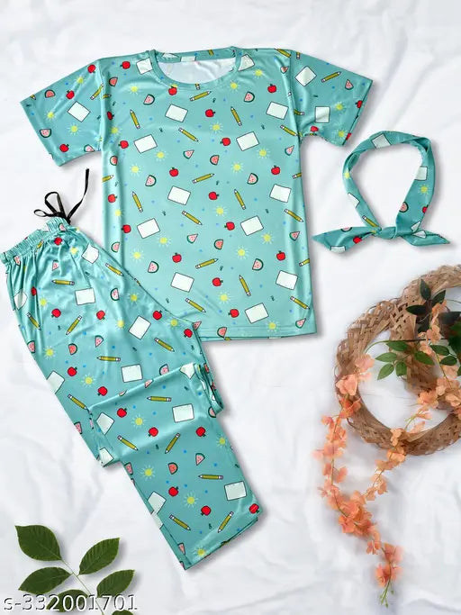 Quirky print silk night suit set (t-shirt, pajamas, shorts), soft and luxurious sleepwear with drawstring elastic waistband, India origin