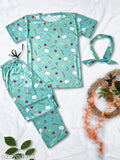 Quirky print silk night suit set (t-shirt, pajamas, shorts), soft and luxurious sleepwear with drawstring elastic waistband, India origin