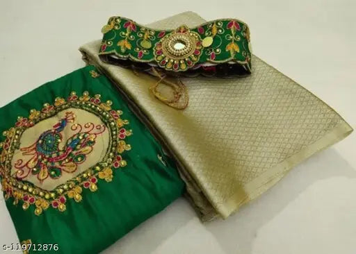 Chiffon saree with embroidered net blouse, single free size Indian fashion accessory in solid pattern