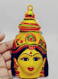 Yellow oxide god idol, Religious Ammavari Face/Varalakshmi Face idol for puja on display stand, decorative Varalakshmi mask for pooja during Vartha festival in South India