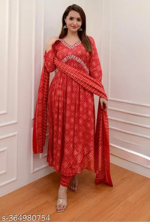 Viscose rayon printed kurta palazzo with dupatta set, three-quarter sleeves, stylish Indian ethnic wear on mannequin