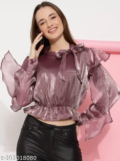 Organza long-sleeve western top, solid pattern in M, L, XL, XXL. Indian-inspired women's fashion with artisanal details