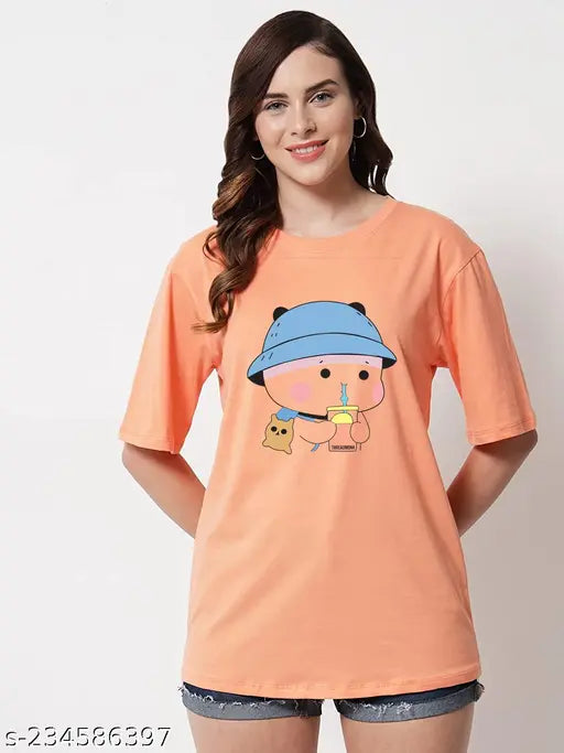 Cotton oversize t-shirt for women, printed design, short sleeves - trendy comfy tee for casual wear, soft and breathable material, available in multiple sizes from S to XXL