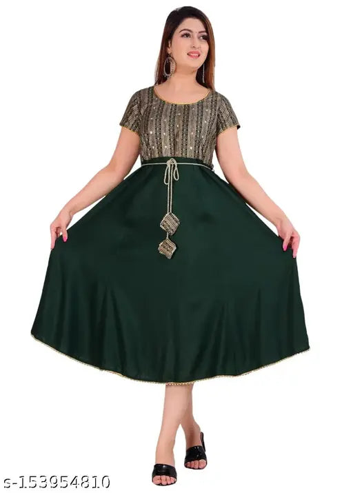 Viscose retro women's Anarkali kurti, solid color with hand-sequined front, keyhole back and belted waist