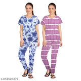 Women's tie and dye printed nightsuit set (pack of 2), polycotton fabric, short sleeves, soft and vibrant, Indian origin