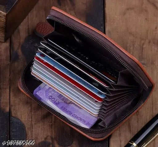 Genuine leather 11-slot debit/credit card holder for men and women, solid brown business organizer with cash compartment