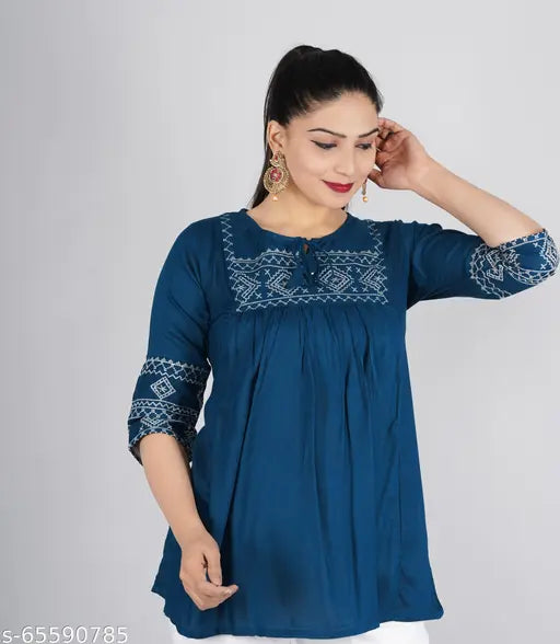 Rayon-top, cotton blend bottom ethnic set with embroidery, Indian traditional wear for women