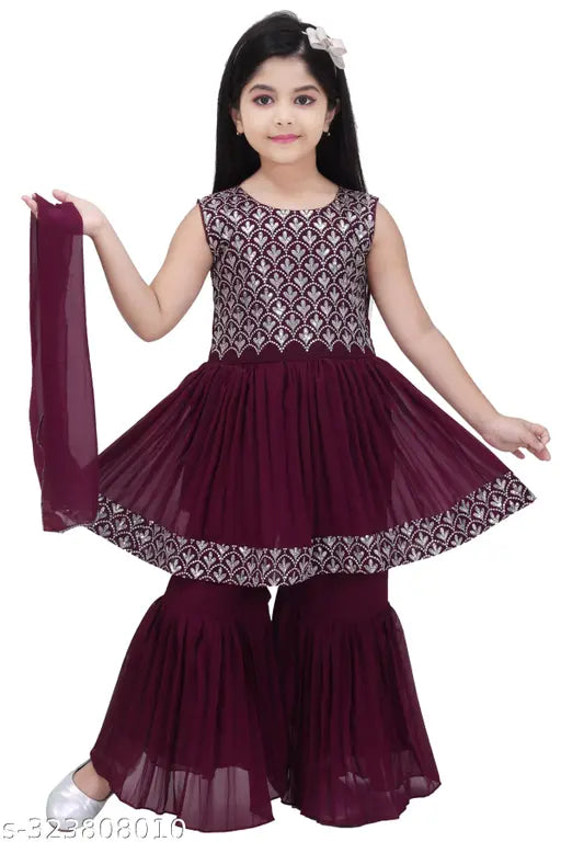 Embellished knee-length anarkali sharara set for girls in georgette, traditional Indian ethnic wear for festivals and weddings