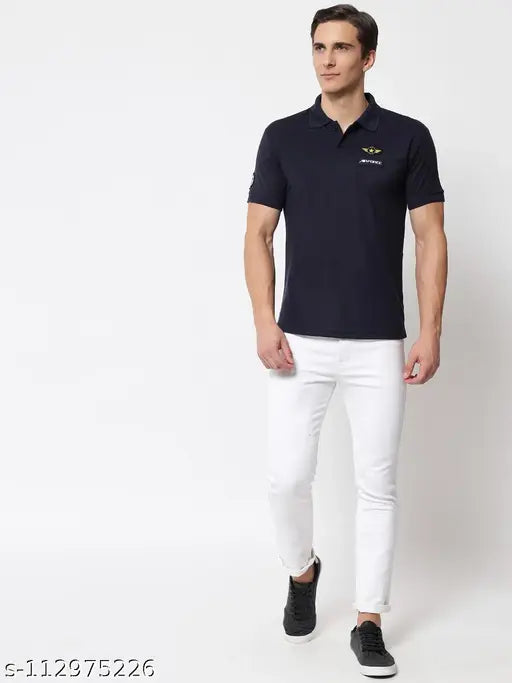 Navy blue cotton blend men's collar neck half sleeve t-shirt with printed design on short sleeves