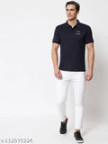 Navy blue cotton blend men's collar neck half sleeve t-shirt with printed design on short sleeves