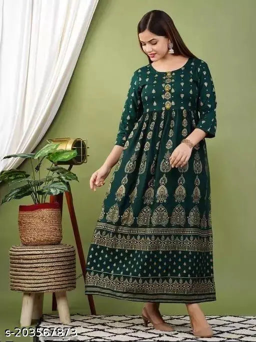 Green rayon kurti with printed combo, three-quarter sleeves, suitable for various sizes (S-XXXL), Indian ethnic wear