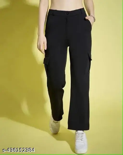 Black cotton-lycra high-waisted cargo pants, comfortable and versatile for formal or casual wear