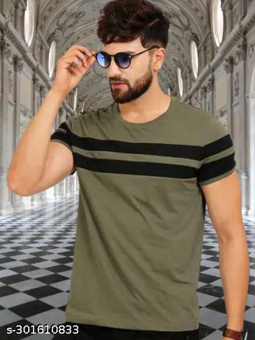 Black Olive Brown Striped Cotton Blend Half Sleeve T-Shirt for Men, Summer Style
