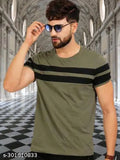 Black Olive Brown Striped Cotton Blend Half Sleeve T-Shirt for Men, Summer Style