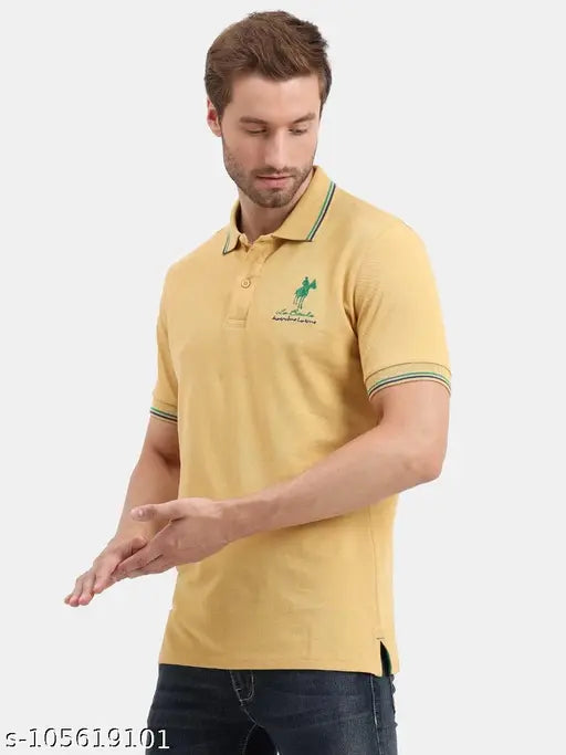 Men's cotton mustard printed polo collar t-shirt with short sleeves, featuring a vibrant pattern