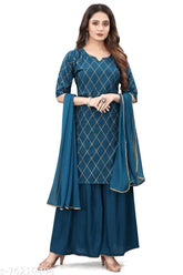 Rayon embroidered Dachima Kurti with Sarara and Dupatta set, perfect for beautiful women, single set available in sizes S-XXL, Indian origin