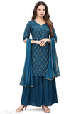 Embroidered Rayon Dachima Kurti with Sarara and Dupatta set for women, single piece, short sleeves, gold print, Indian-origin